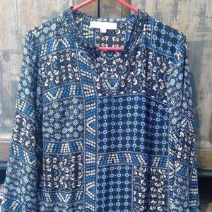 New LOFT Womens Blue Floral Ruffle Neck Bohemian Style Long Sleeve Top-Small